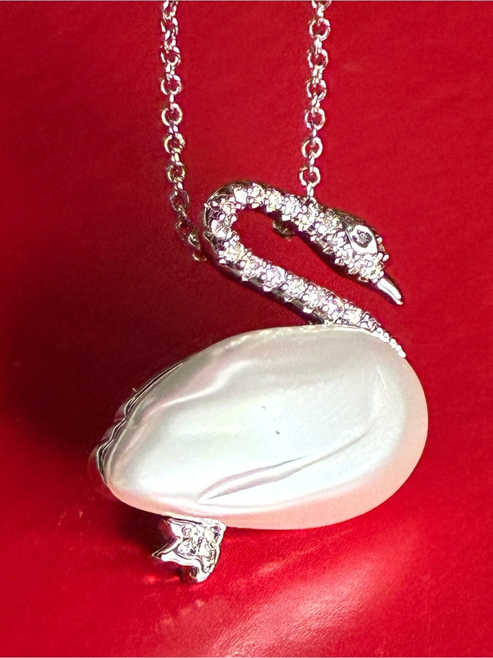 Silver Crystal Swan Pendant Necklace with White Pearl Accent ADJUSTABLE - Picture 8 of 9